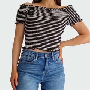 Black/White Striped Smocked Crop Top